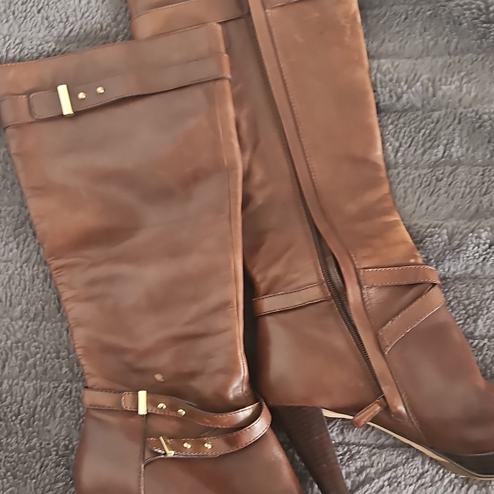 Nine West Brown Leather Knee High Riding Boots Round Toe Zip Straps Buckle 7.5B