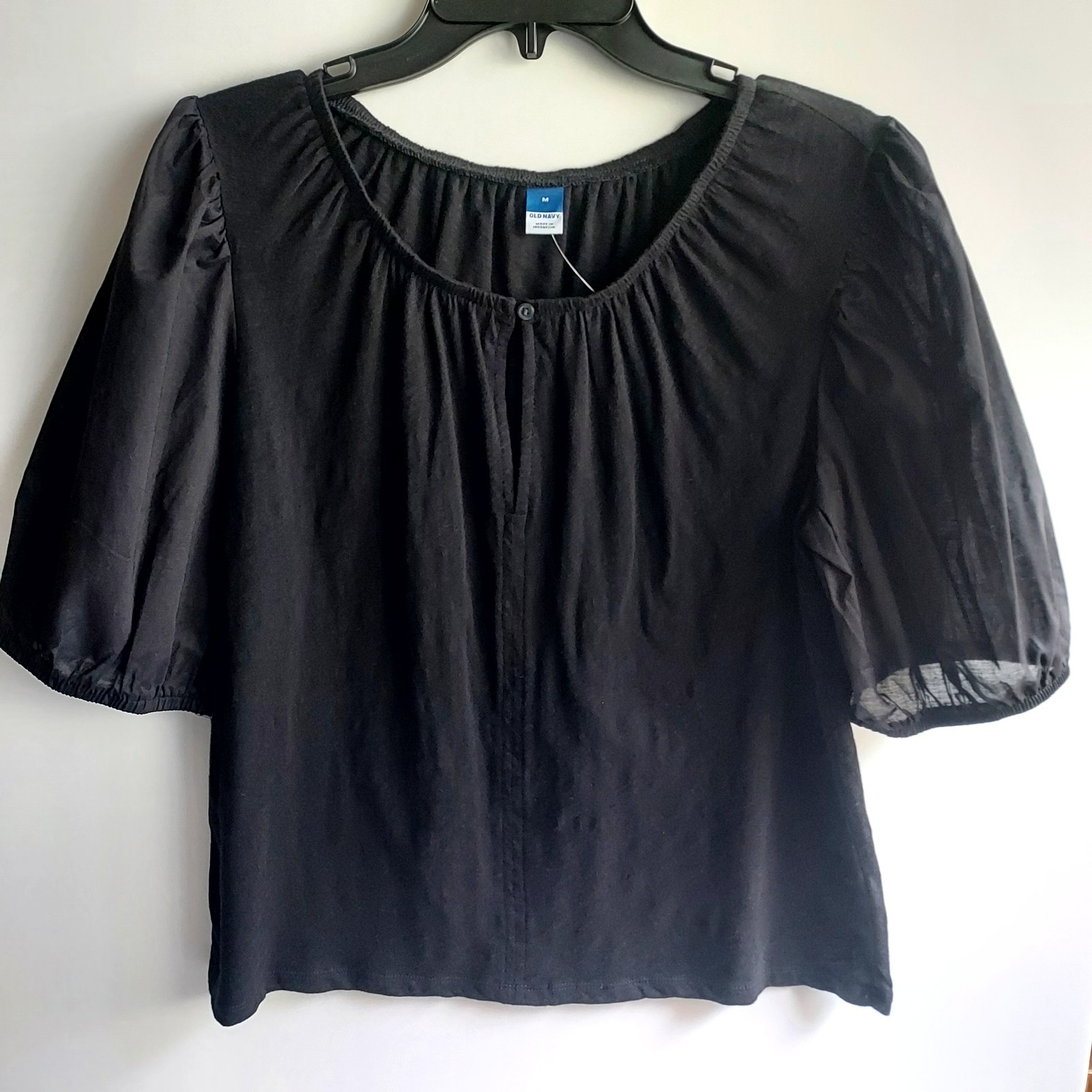 Old Navy Women’s Medium M Black 100% Cottton Puff Sleeve Top Round Neck Keyhole