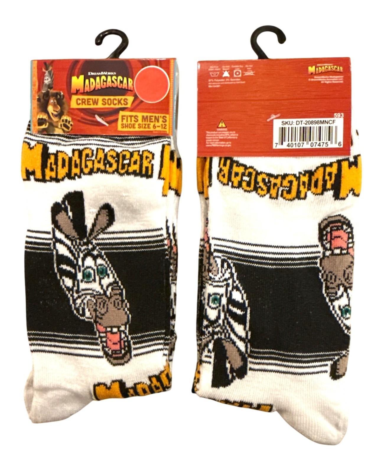 Dreamworks Madagascar Marty Men’s Size 6-12 Crew Socks White Black Yellow Red