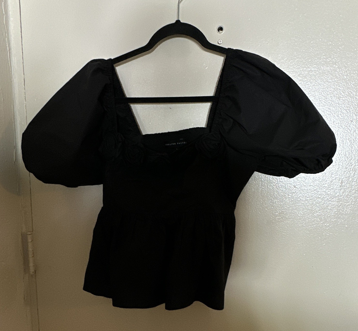 English Factory Black Smocked Ruffle Puff Sleeve Square Neck Blouse Women’s L