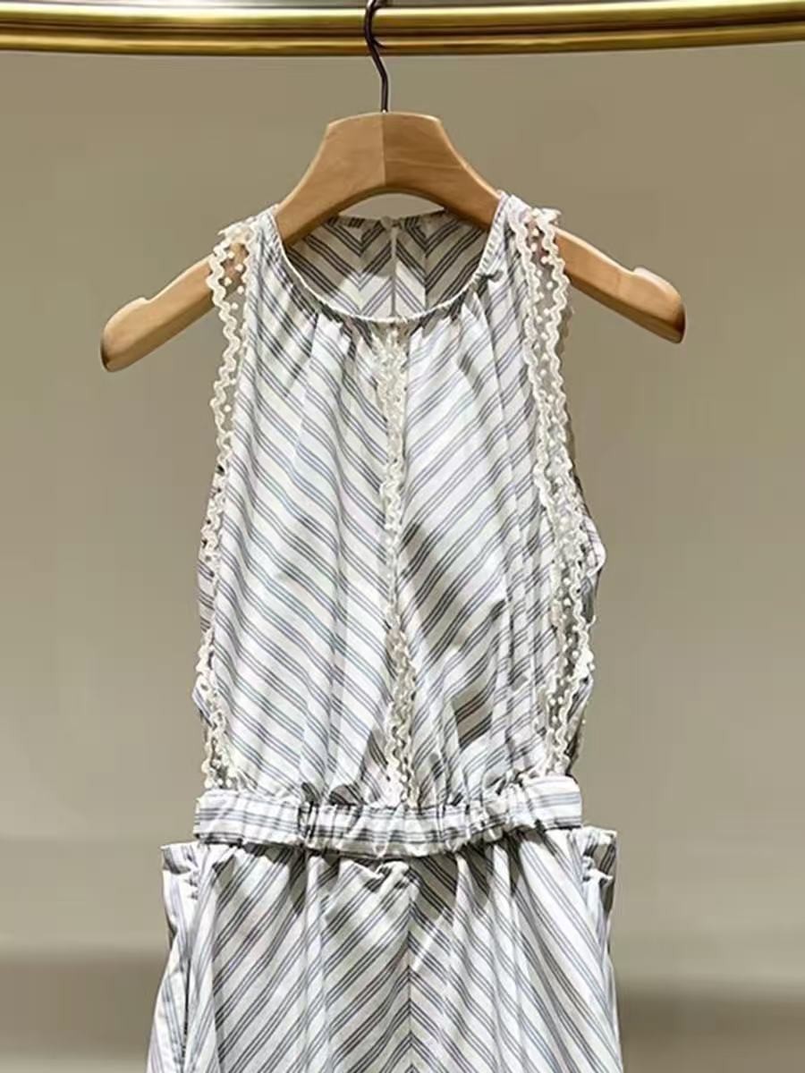 Sandro Lace edged diagonal stripe elastic high waisted sleeveless round neckdres