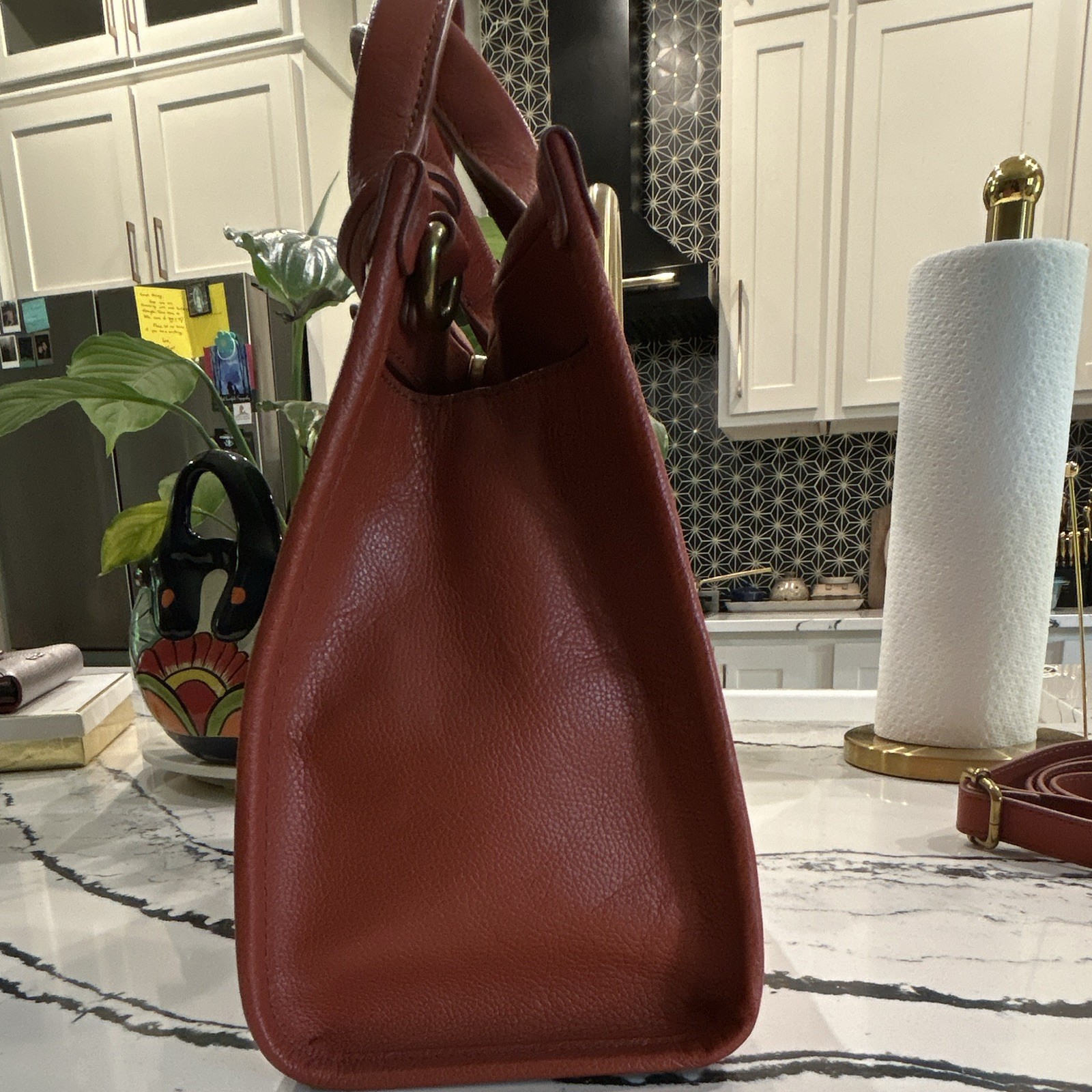 Fossil Brown Pebbled Zip Satchel Top Handle Detachable Adjustable Strap