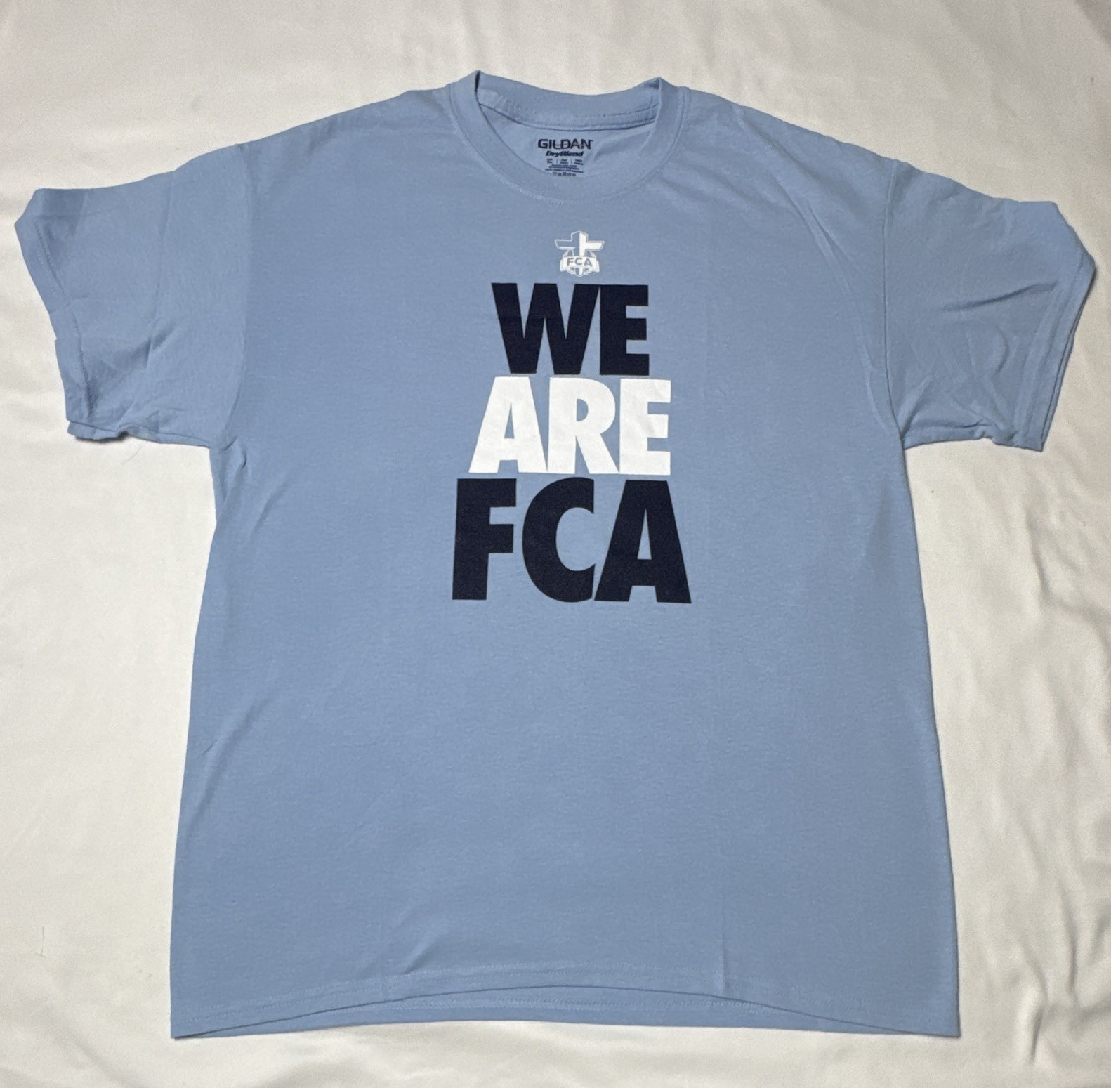 Gildan DryBlend Mens L Light Blue We Are FCA Graphic Crew Neck T-Shirt
