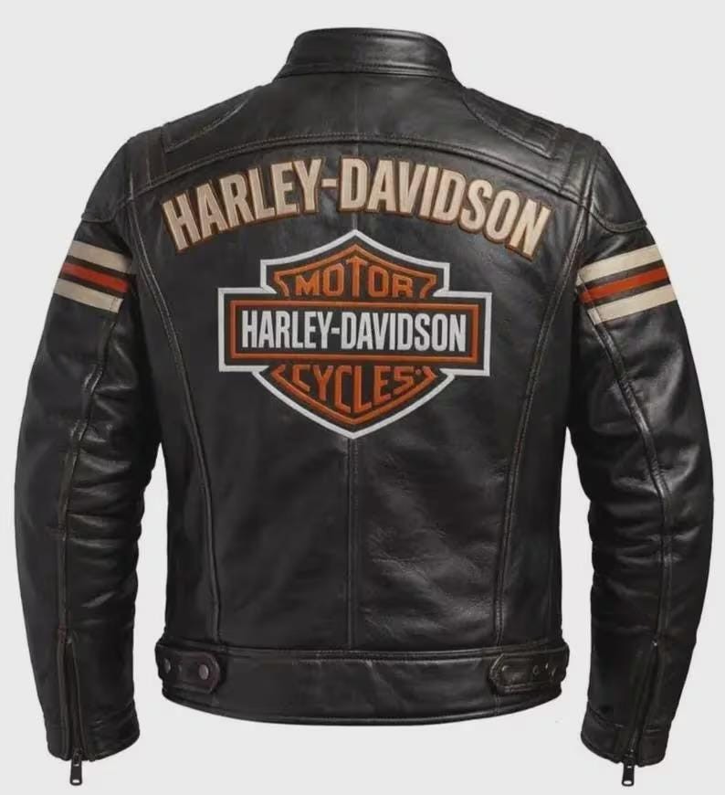 H-Davidson Men’s Black Leather Motorcycle Jacket Cowhide Biker Riding Gear