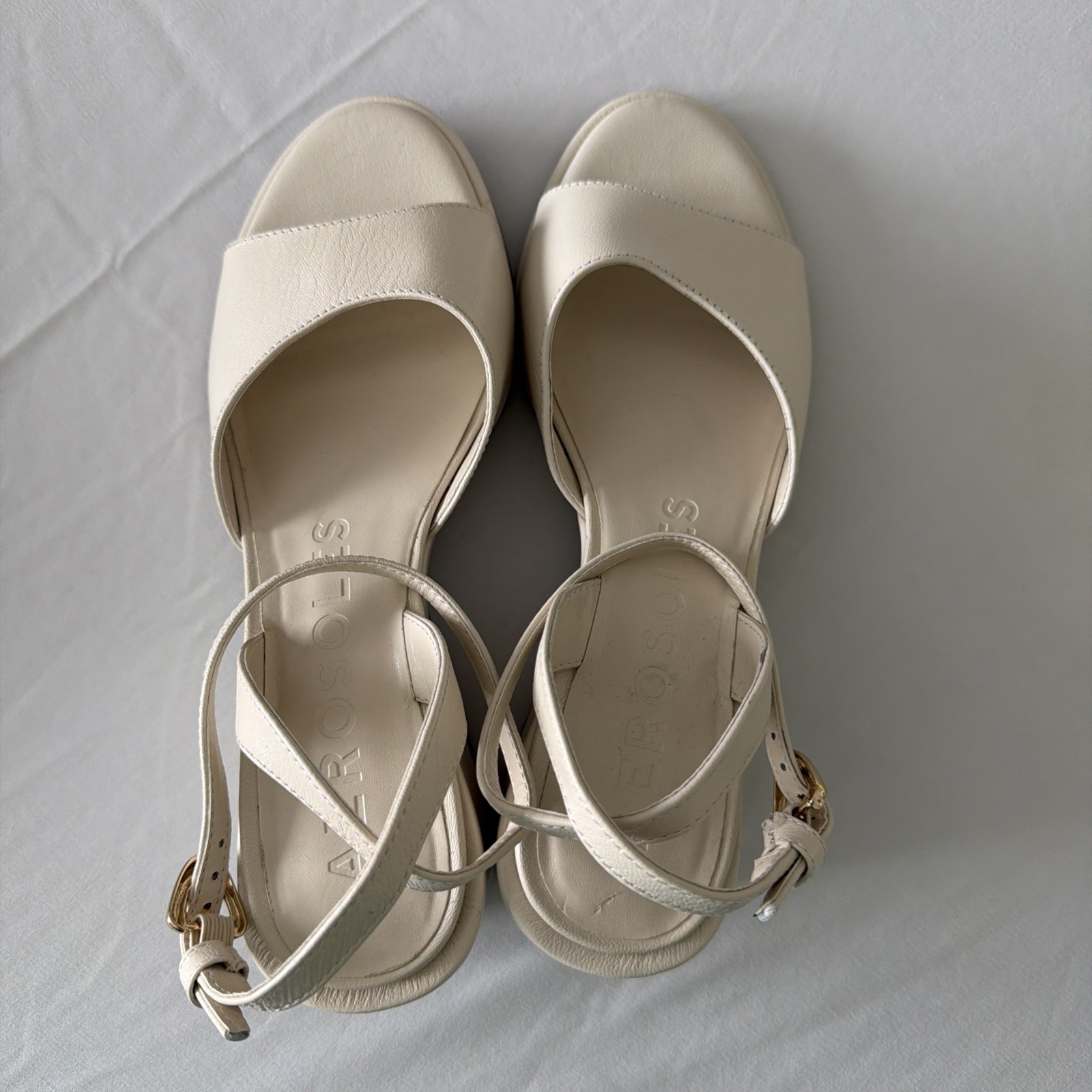 Aerosoles Sz 8 M Nixon Cream Leather Sandals Wedge Strappy Comfort Dressy NWOB