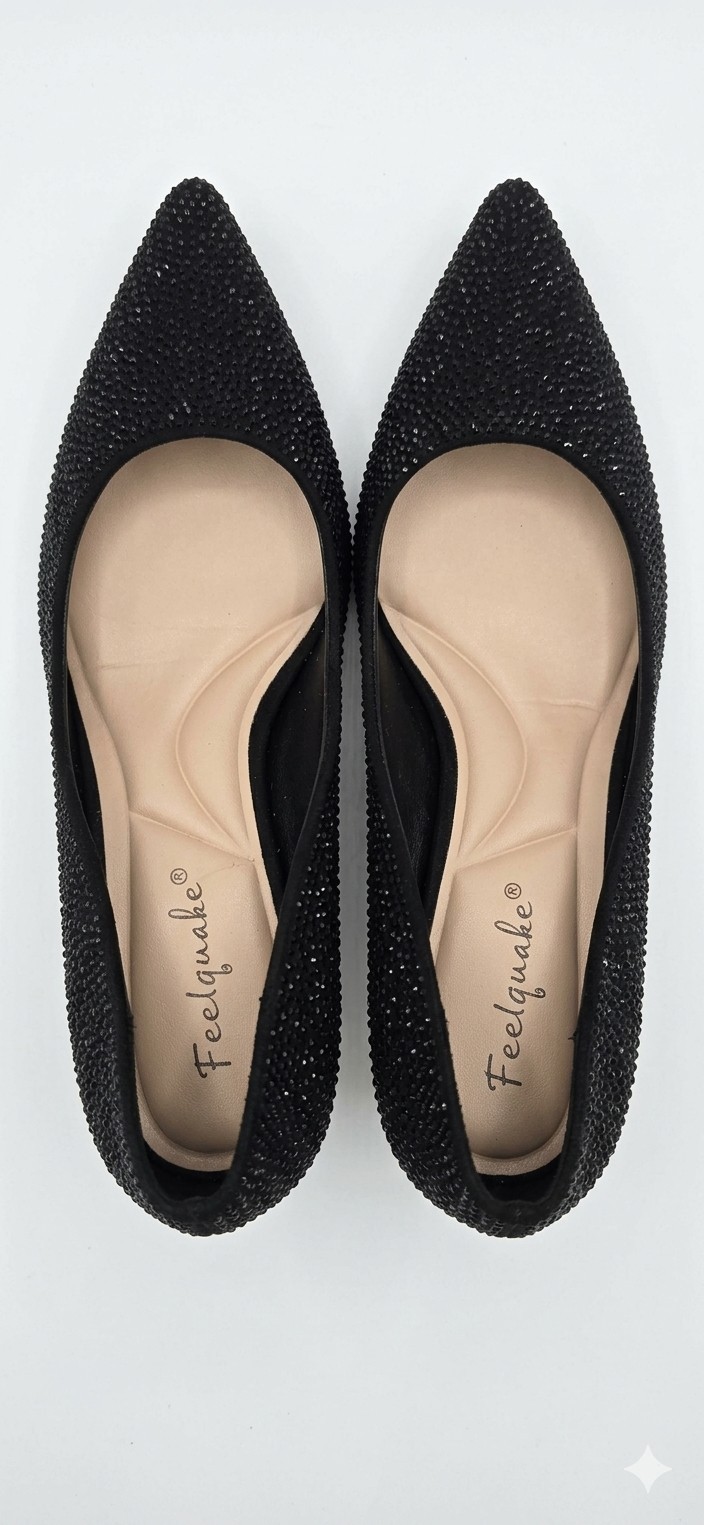 Feelgmate Women’s Black Faux Suede Rhinestone Pointed Toe Slip-On Pumps 7