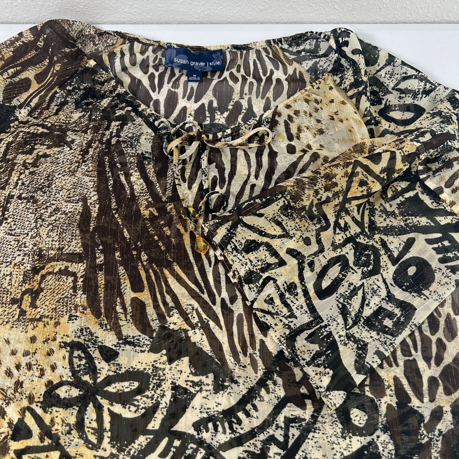 Susan Graver Tunic Top Womens Size M Brown Tan Chiffon Animal Print Metallic