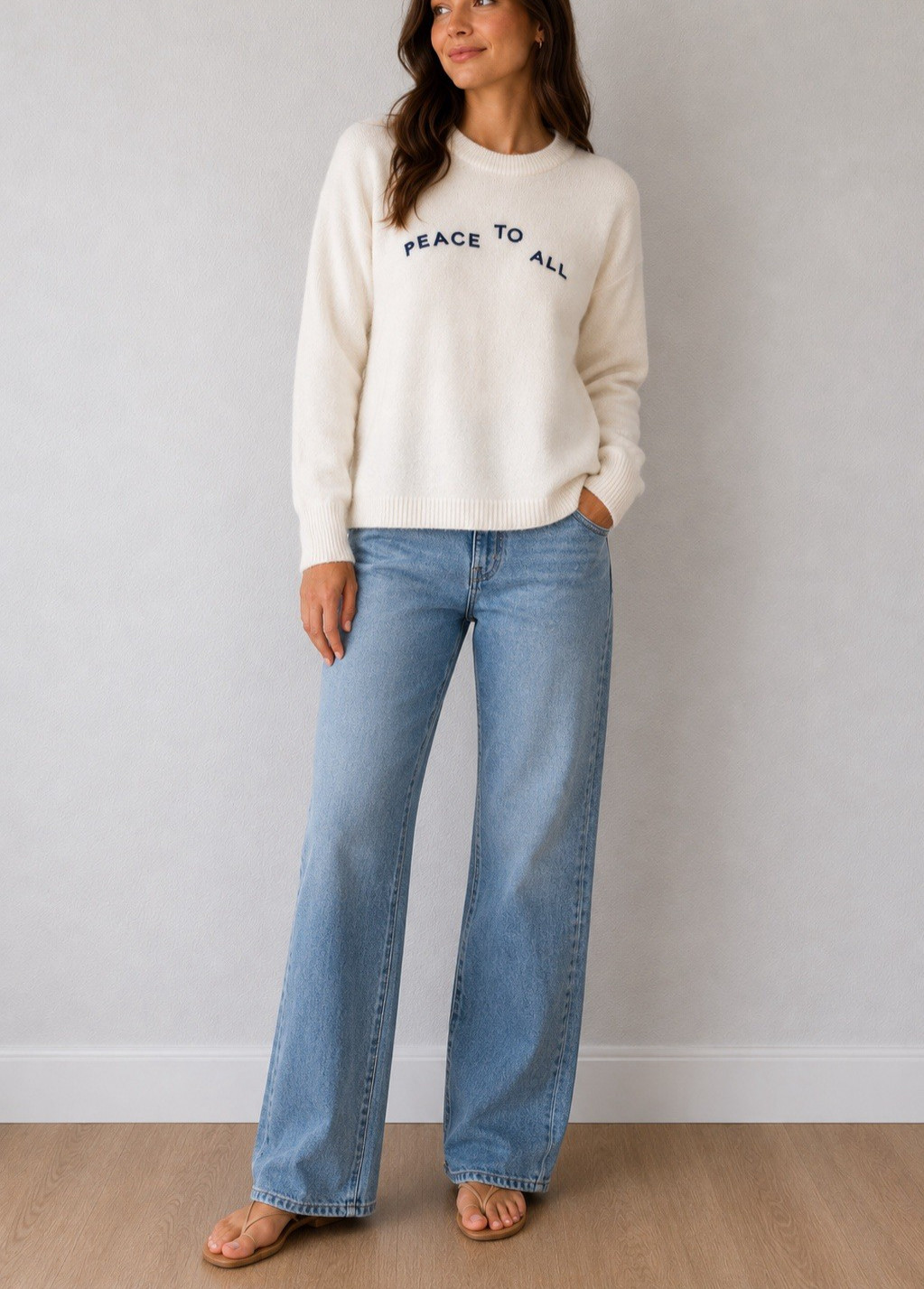 Madewell Westlake Alpaca Wool Sweater XXS Ivory Peace To All Graphic Pullover
