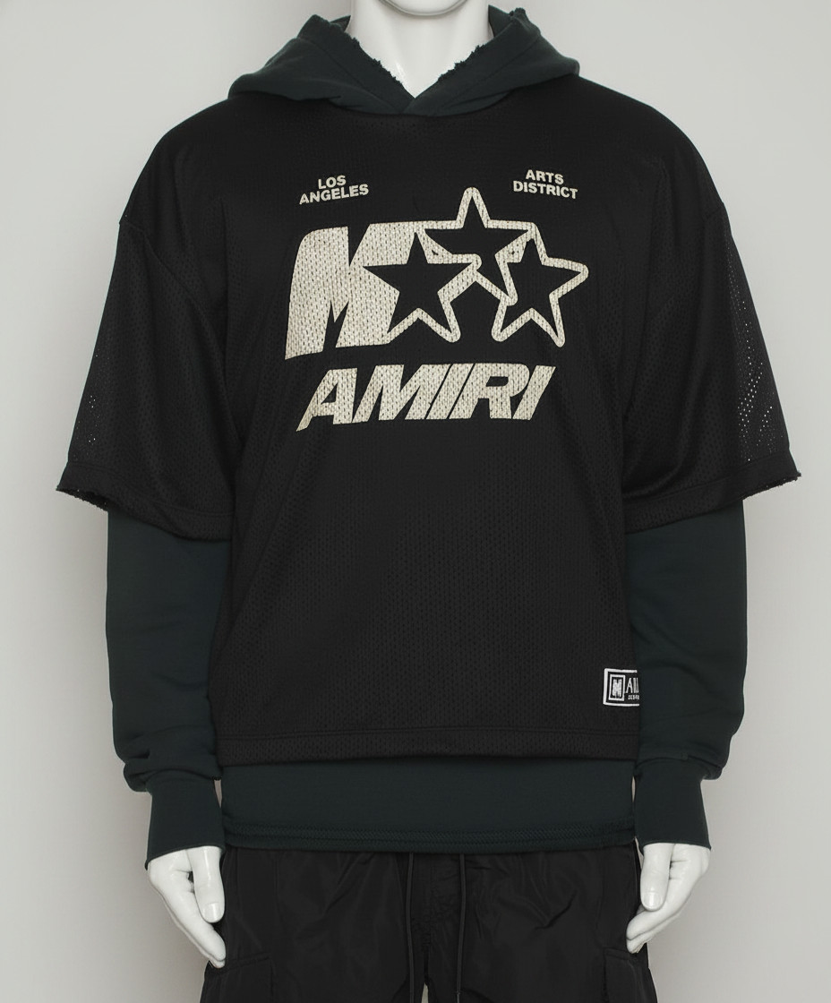 AMIRI Men’s Black MA Star Cotton Logo Distressed Jersey Mesh Hoodie Size XL