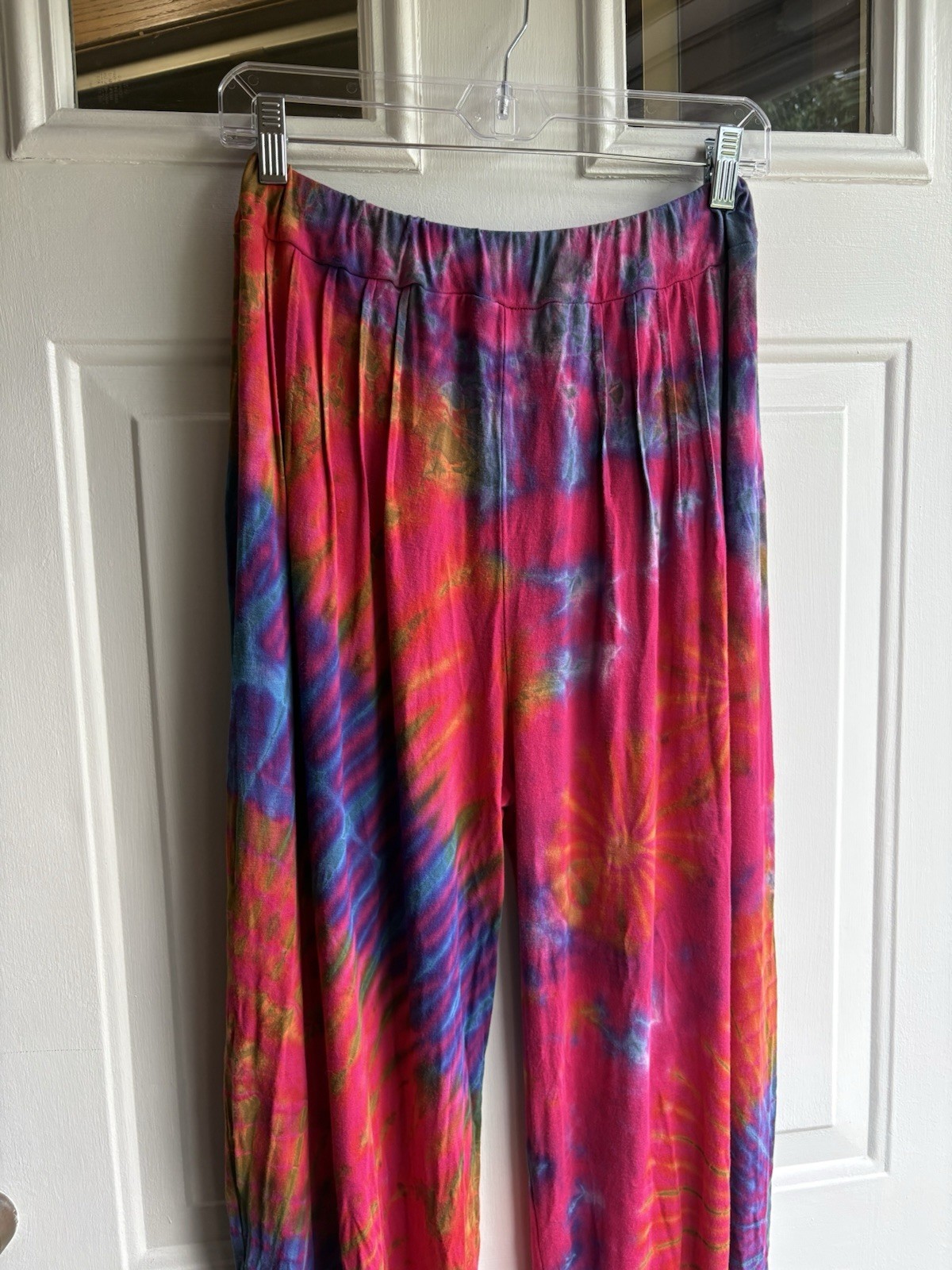 Boho Tie Dye Harem Pants Super Stretch Elastic Waist Gathered Ankle Pull on OSFM