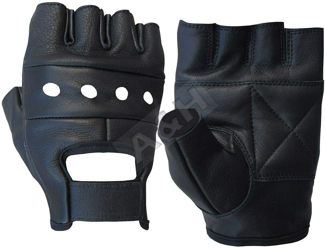Mens Motorcycle Fingerless Leather Half Finger Driving Biker Black Gloves