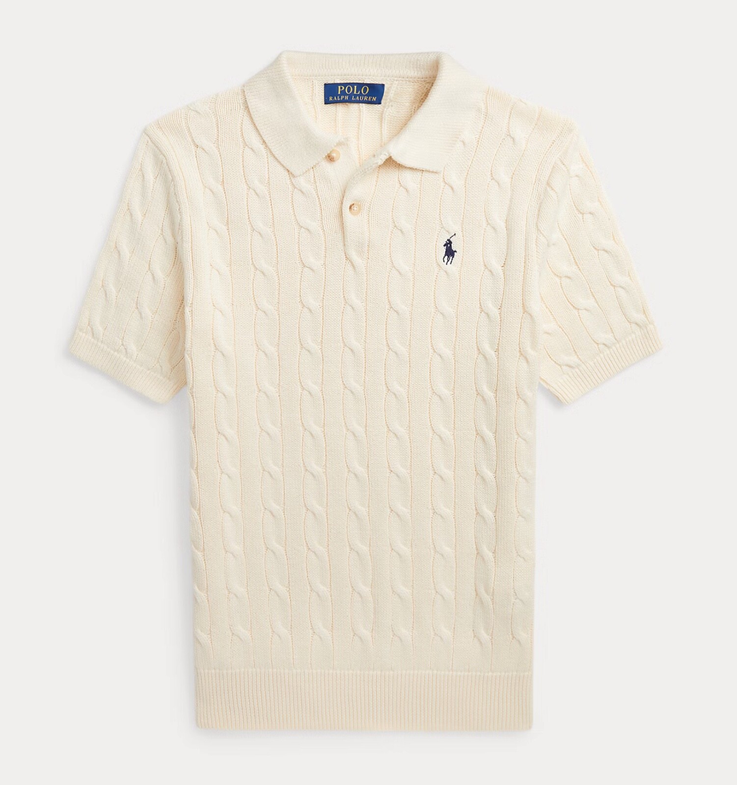 NWT Polo Ralph Lauren Cream Cotton Cable Knit Polo-Collar Short Sleeve Sweater