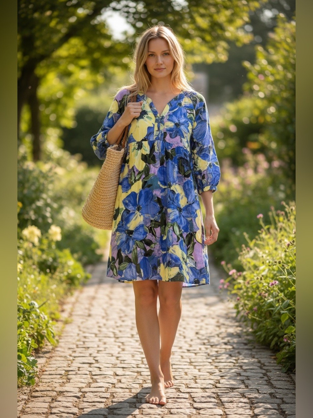 Women Floral Print Blue & Yellow Dress