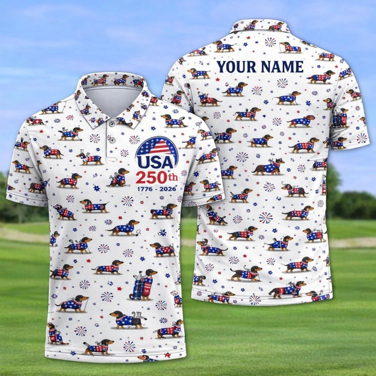 Custom Dachshund Golf Polo Shirt, 250th Anniversary Polo Shirt, 4th Of July Polo