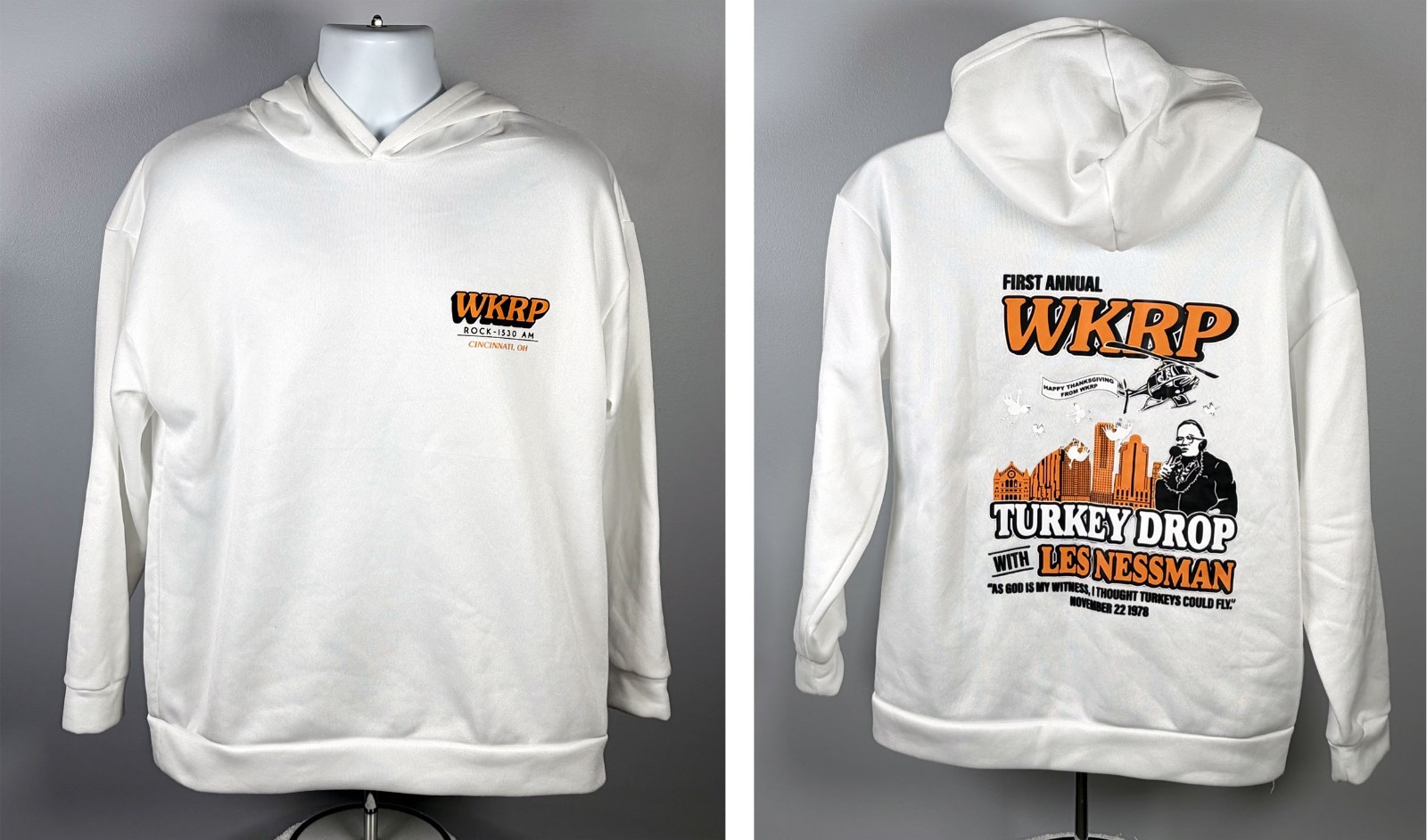 WKRP in Cincinnati Turkey Drop Les Nessman Hoodie Mens Large Poly Cotton Blend