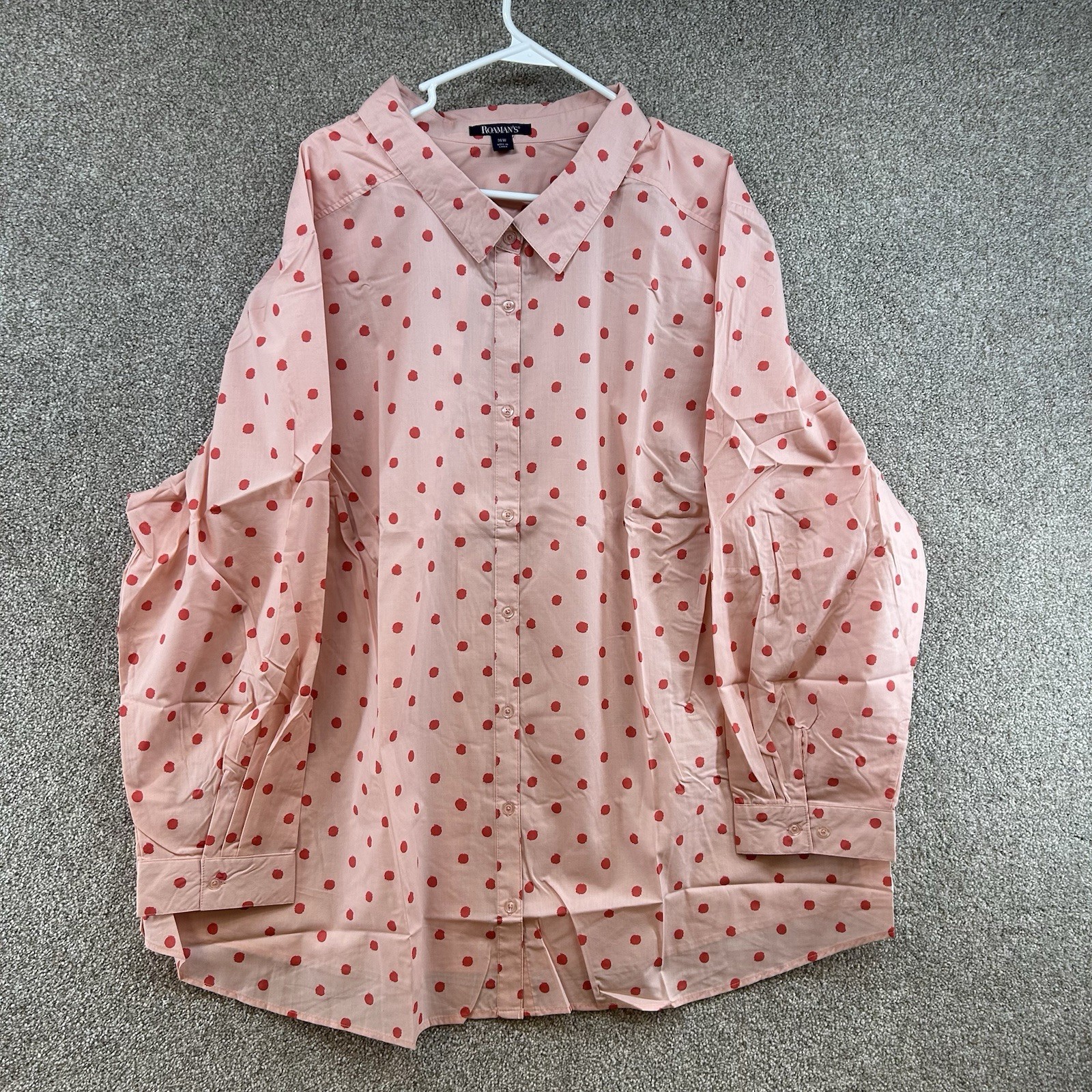 NWOT Roman’s Women’s Button Front Shirt Size 36W Pink Red Polka Dot Blouse Plus