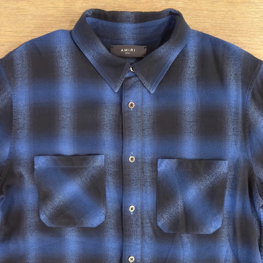 AMIRI Distressed Plaid Cotton Button Up Flannel Shirt-Blue ombre-Raw Hem-Men’s S