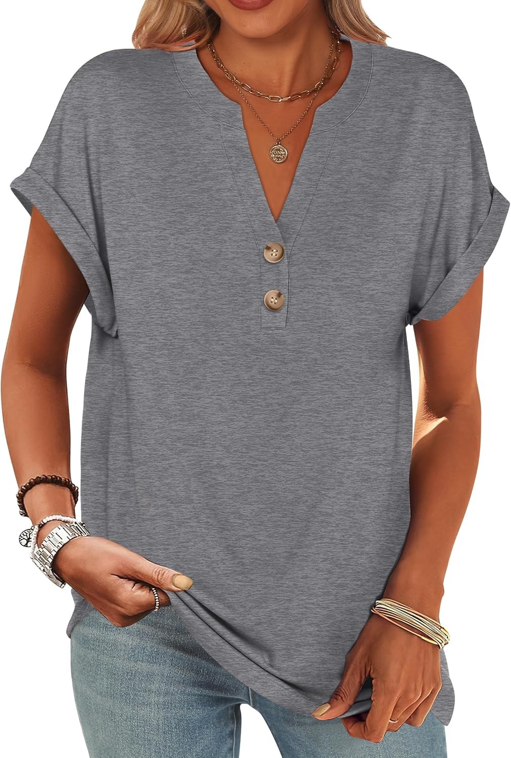 Womens Henley V Neck Short Sleeve Loose Fit Casual Summer Tunic Blouse Top