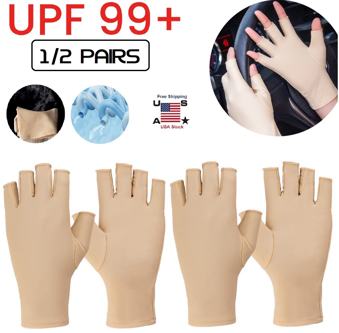 2× Cooling Ice Silk Gloves Anti-UV Sun Protection Half Finger Driving Gloves USA