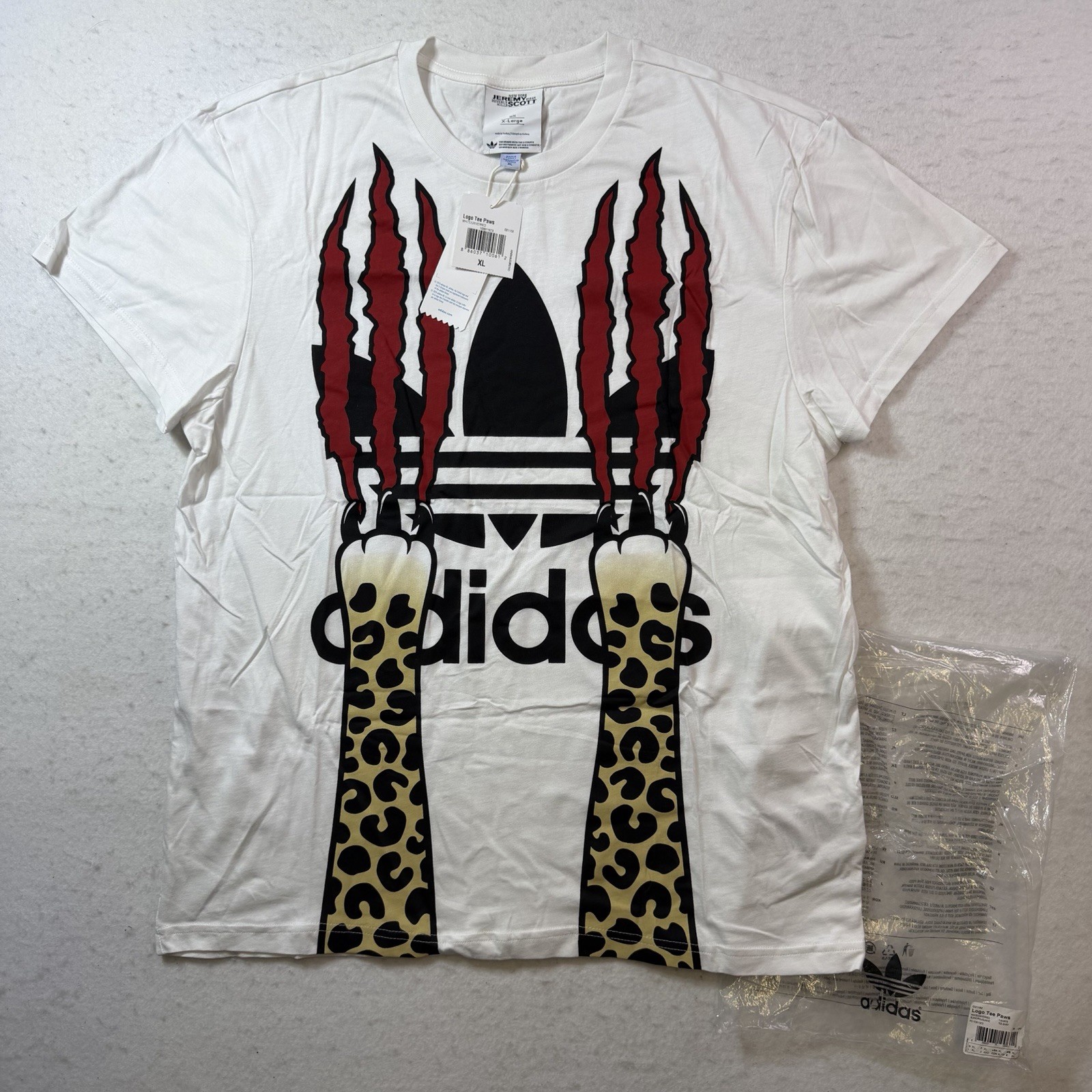 Adidas Originals Jeremy Scott T-Shirt White Trefoil Leopard Claws Vintage XL New
