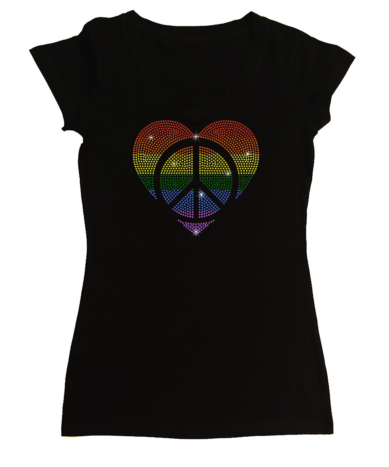 Women’s Rhinestone Fitted Tight Snug Shirt ” Rainbow Heart & Peace Sign “