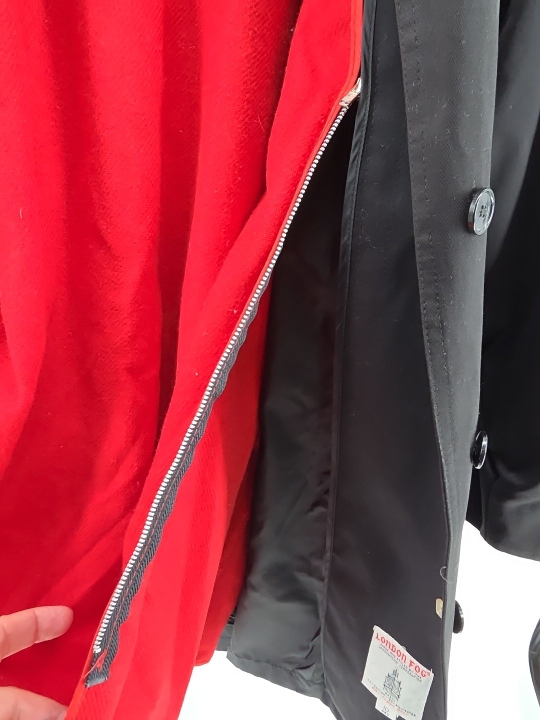 Vintage London Fog Trench Coat Size 10 R Black W/ Red Zip Out Wool Blend Liner!!