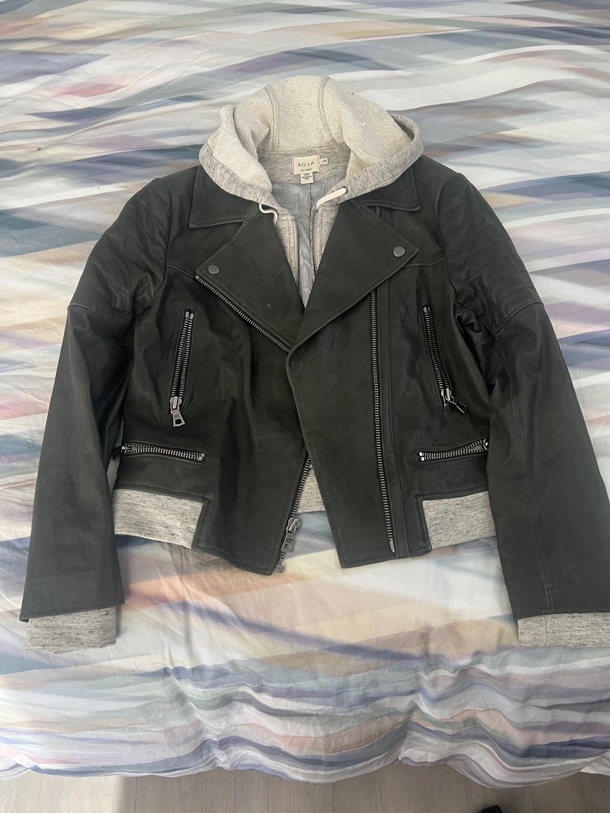 AO.LA by Alice + Olivia Lamb Leather Gray Biker Jacket w/Hood L/G-Moderate Use