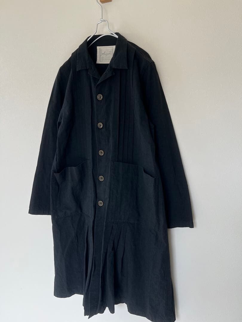 ICHI Antiquites Black Cotton Linen Pintuck Long Coat Women Free Auth