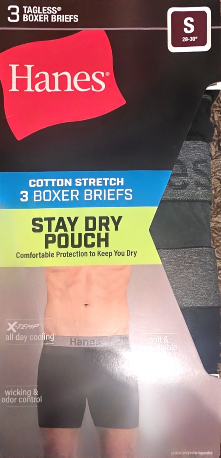 Hanes X-Temp Cotton Stretch Boxer Briefs Pouch Tagless 3-Pack Size S