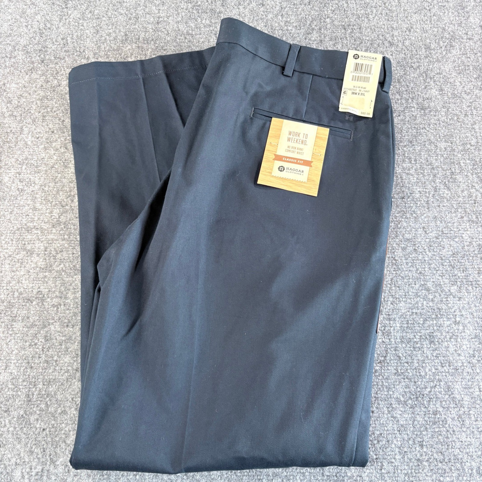 Haggar Work to Weekend No Iron Khaki Mens Navy Blue Classic Fit Pants 38×31 NEW