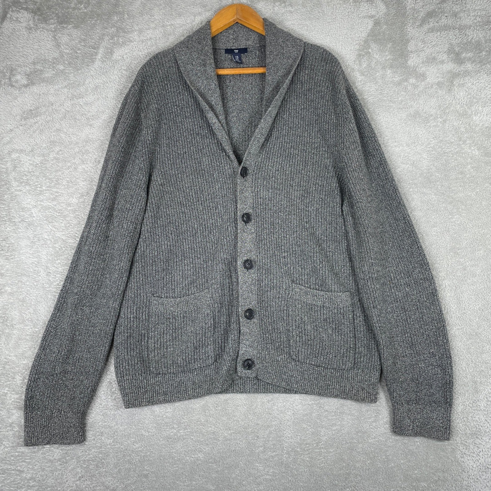 Gap Cardigan Sweater Mens XL Gray Shawl Neck Ribbed Knit Cotton Button Front