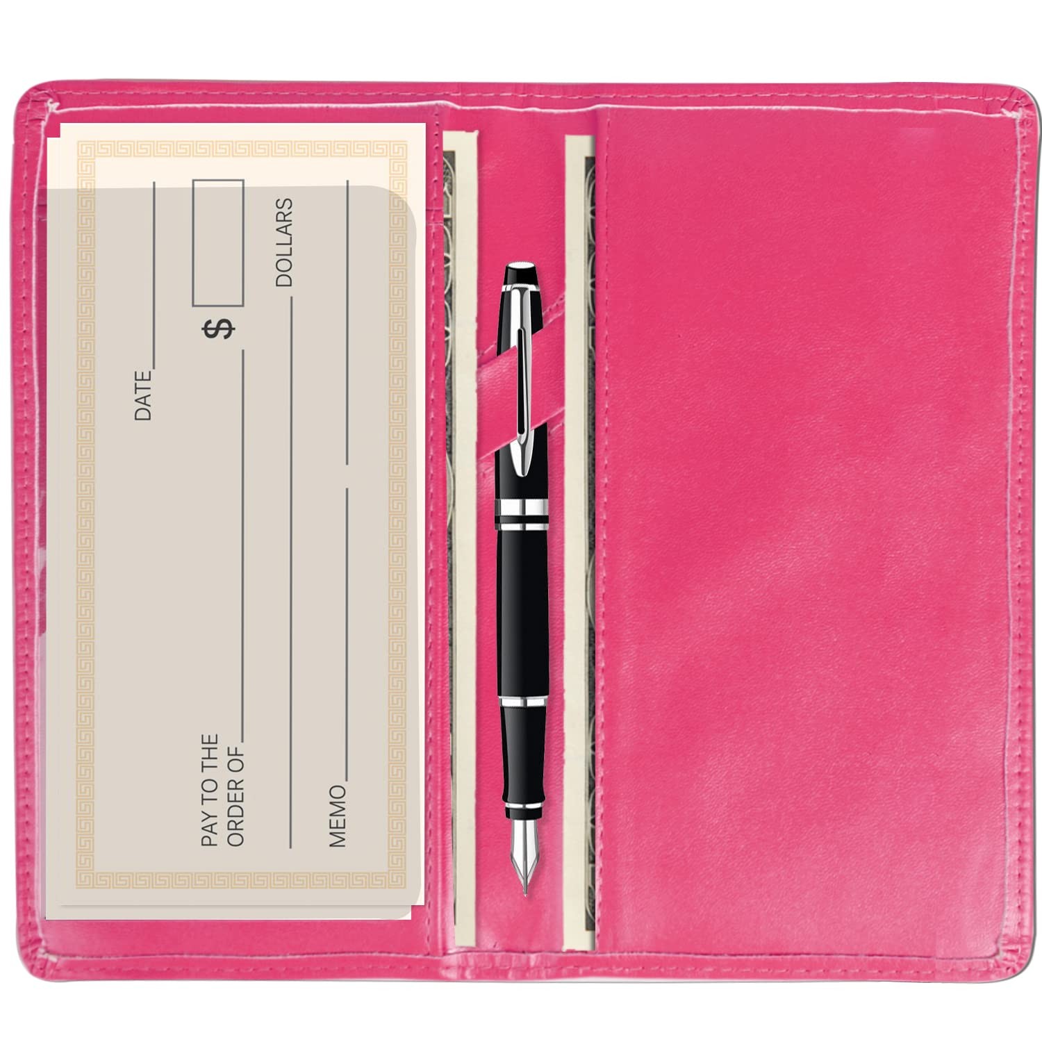 Checkbook Cover with Pen Slot, RFID Blocking PU Leather Hot Pink Simple Style
