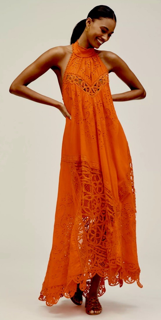 Anthropologie Halter Sun Dress Orange Lace Wedding Retro Boho Preppy Medium NWT