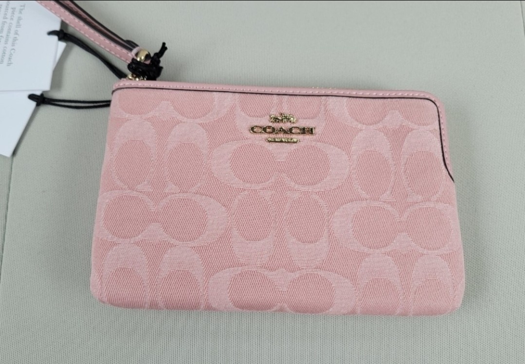 NWT Coach Corner Zip Wristlet In Signature Denim CDF27 Gold/Light Pink