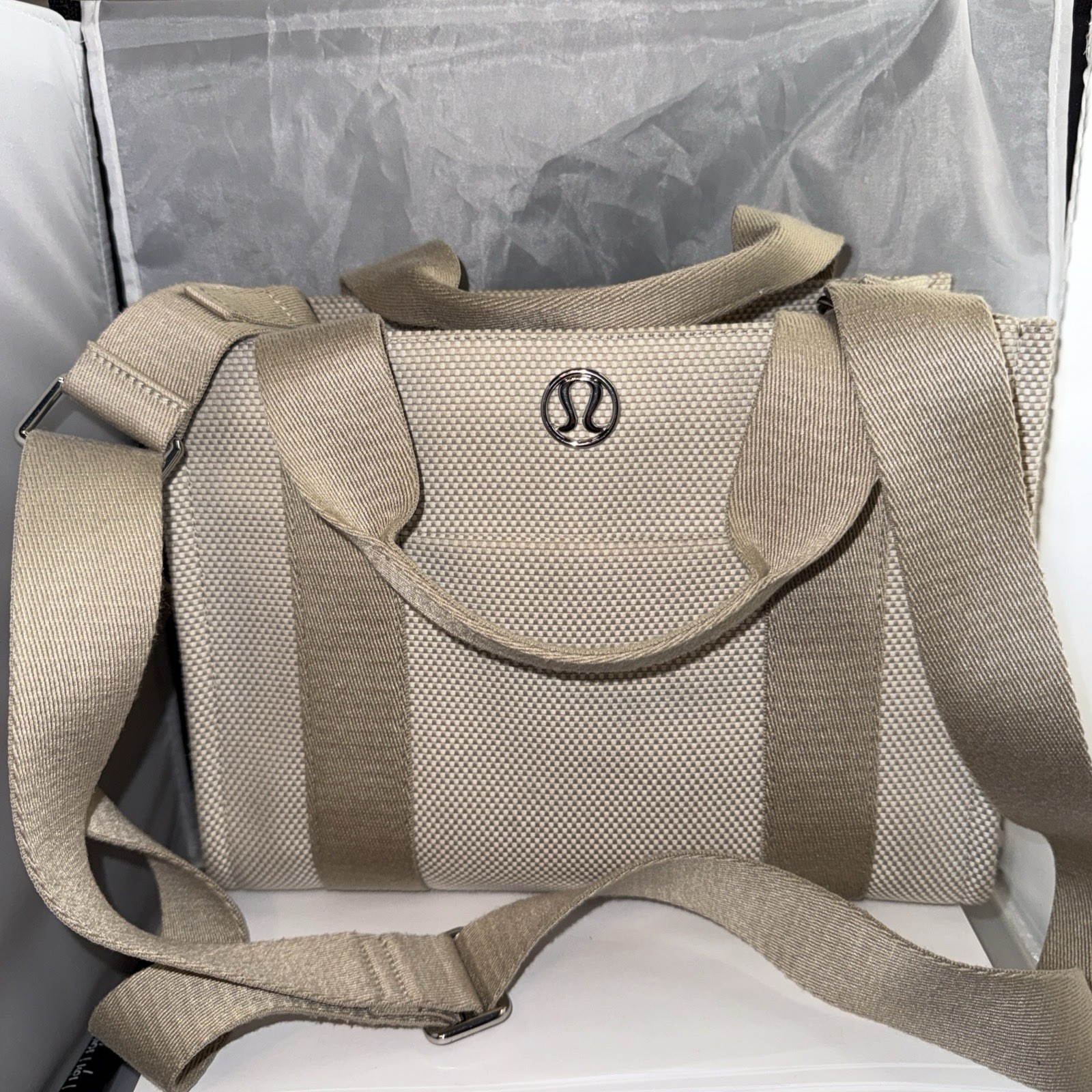 Lululemon Two-Tone Mini Canvas Tote Bag Mojave Tan Light Ivory In Great Shape