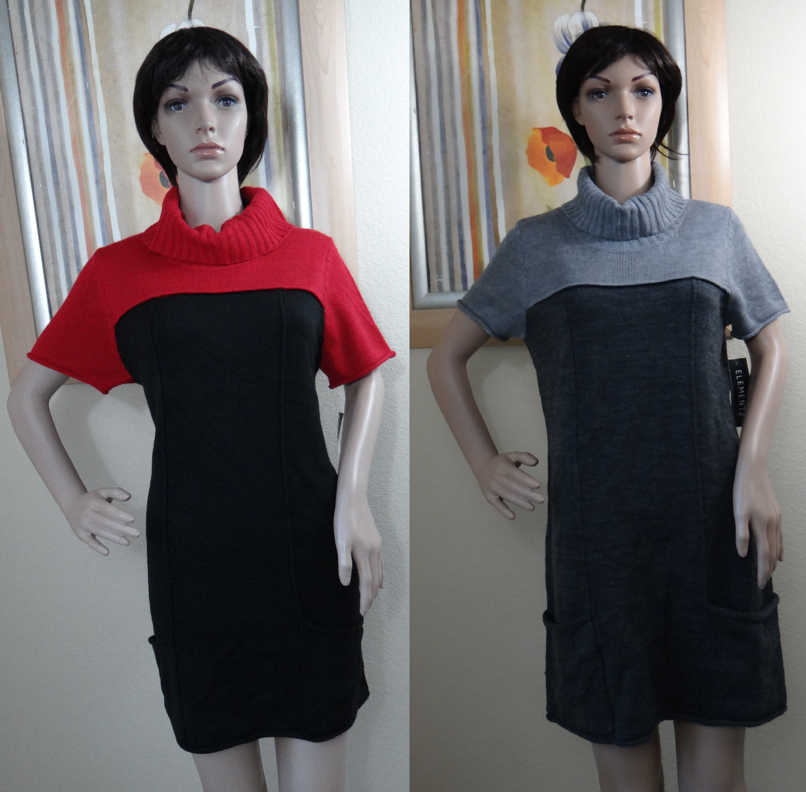 NWT ELEMENTZ black w red or gray short sleeve pocket side sweater dress,M,L