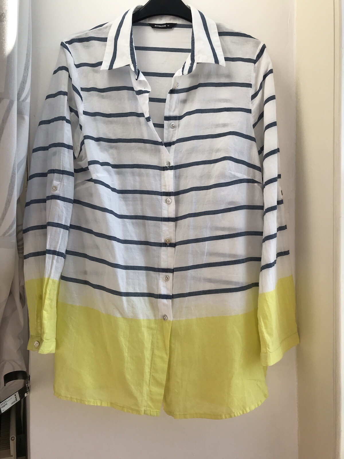 Roman Originals Cotton Shirt Citrus Yellow Black Shite Stripes Casual Fresh 12