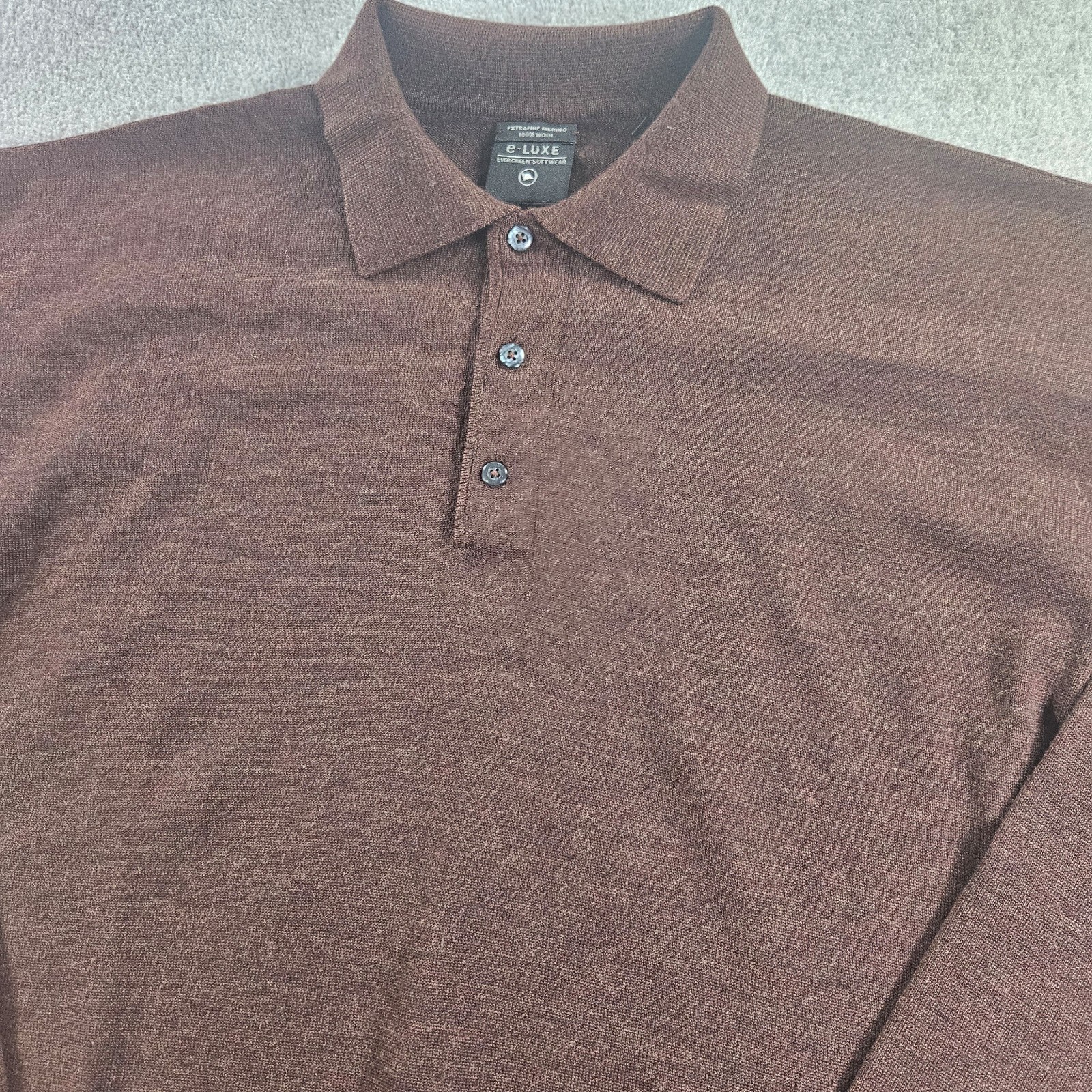 e-LUXE Men’s XL Extrafine Merino Wool Long Sleeve Polo Sweater Brown
