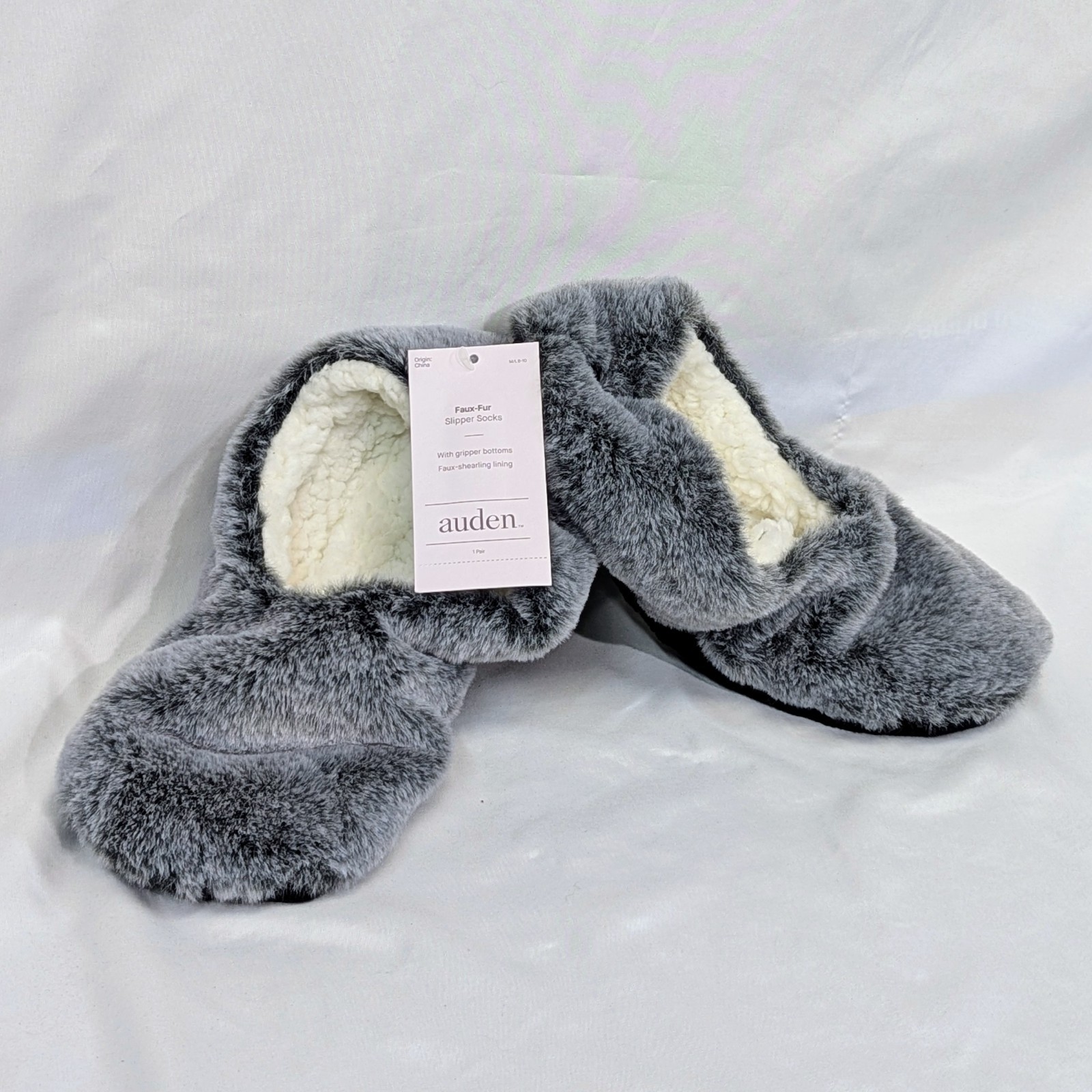 Auden Women’s Faux Fur Slipper Socks M/L 8-10 Grippers Shearling Lined NEW