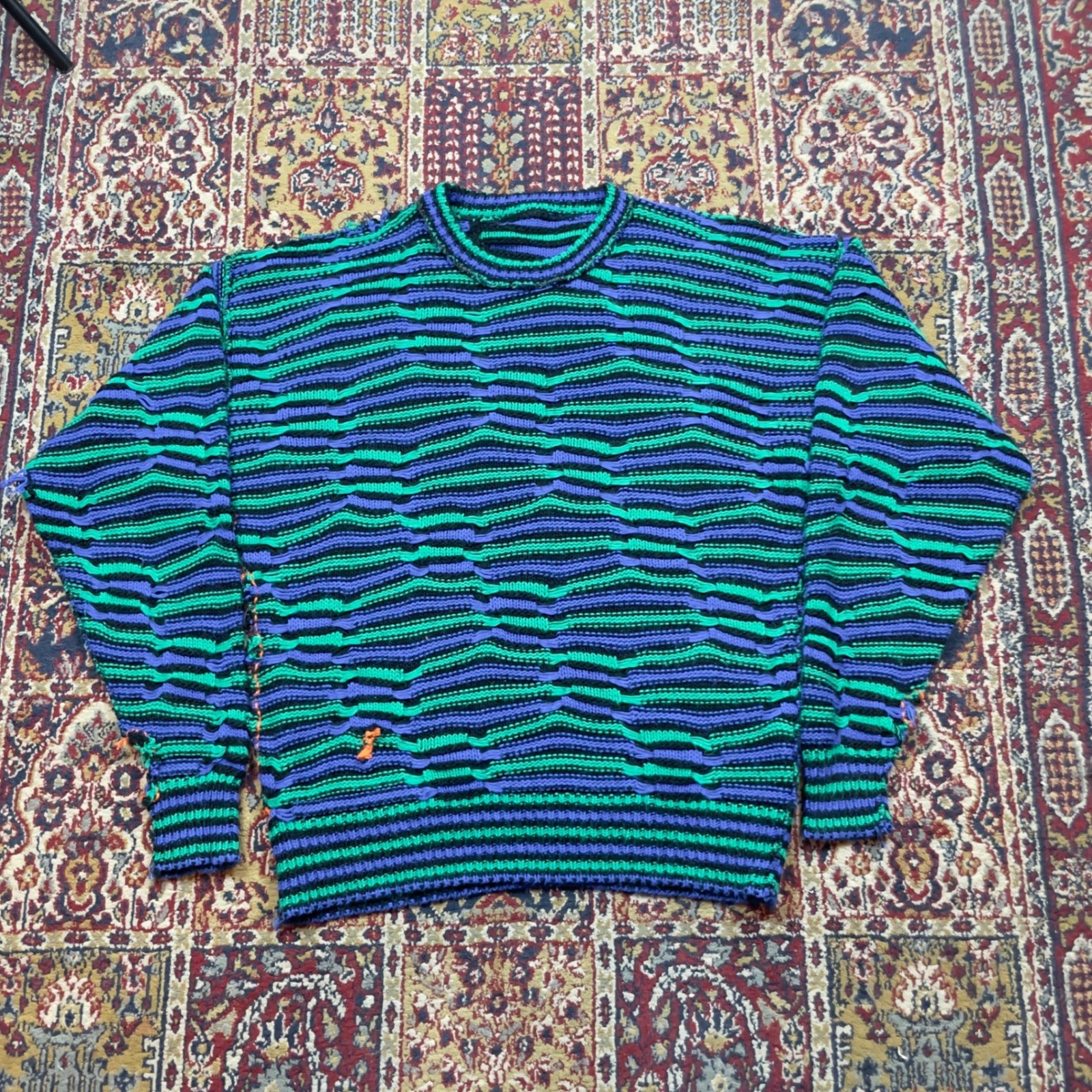 VTG 80s 90s Geometric Striped 3d Handmade Knit Sweater Green Black L-XL distress