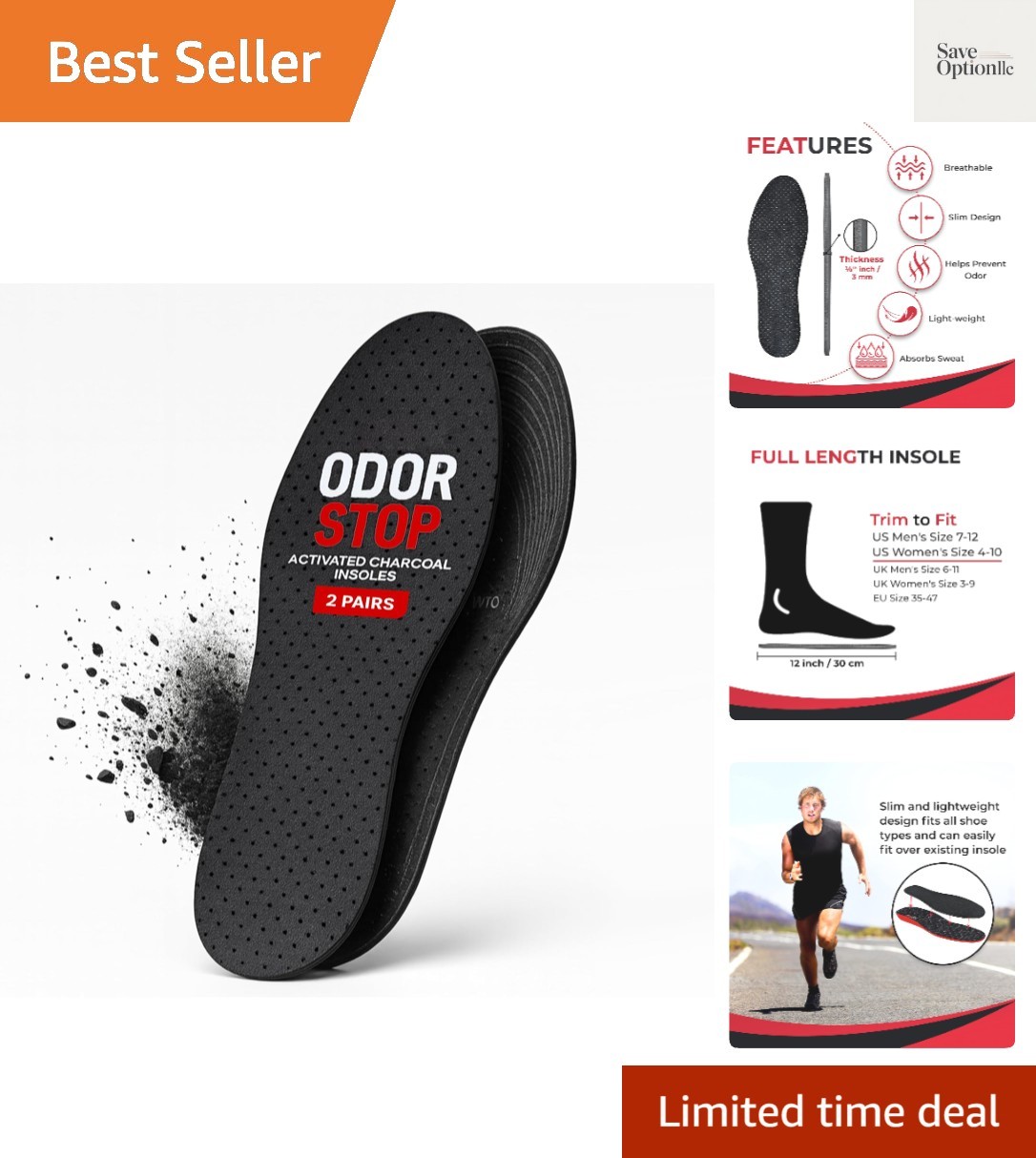Odor Stop Insoles – Activated Charcoal Insoles – 2 Pairs