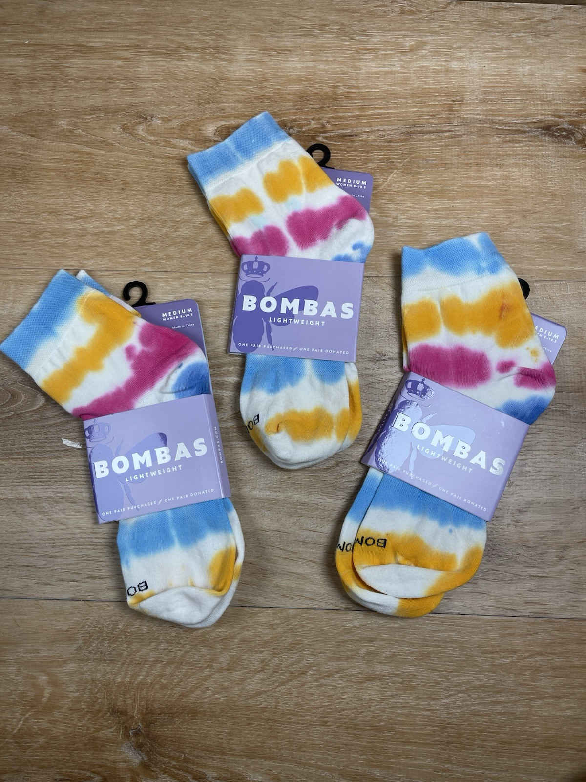 New 3 Pairs Bombas Quarter Socks Multi Color Tie Dye Lightweight Medium