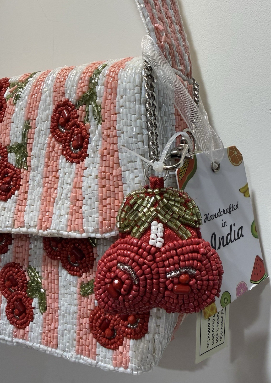Beaded Striped Cherry Motif Shoulder Bag Purse w/ Charm, Lined Magnetic