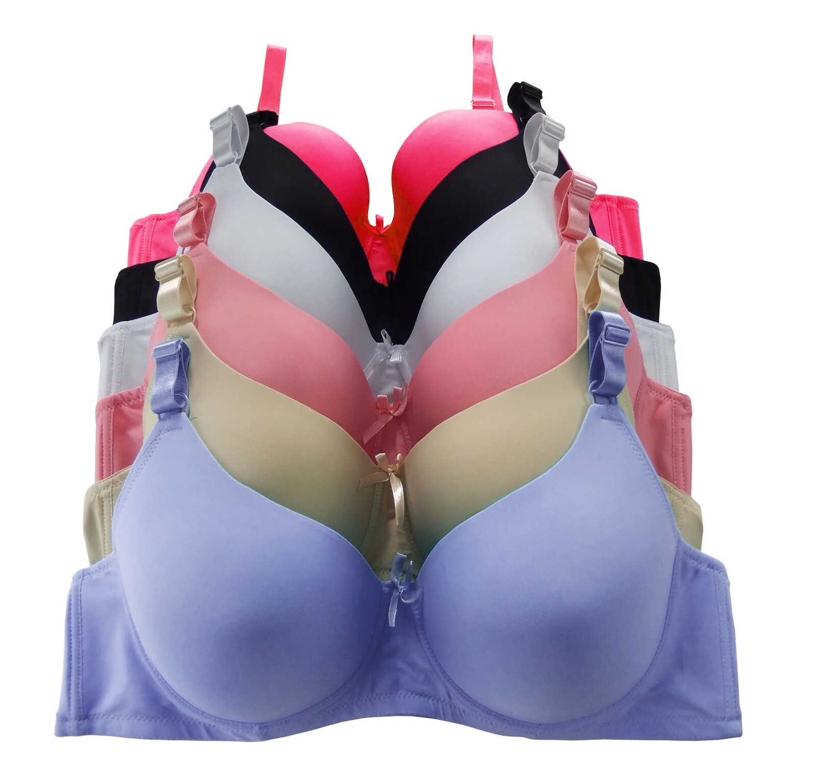 Women’s Pack of 6 Solid Color Soft Pad Supportive Full Cup Bra Set 8222