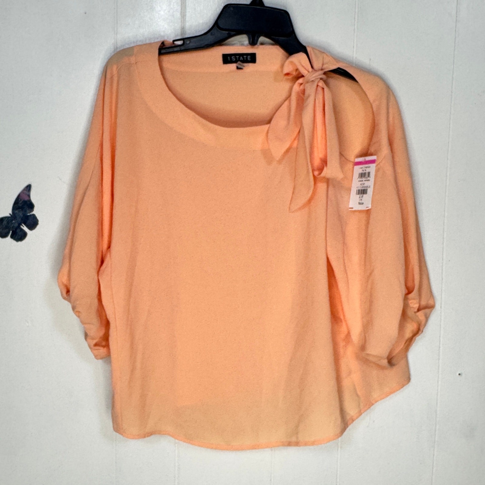 1.State Womens Blouse Size Medium Orange Semi Sheer Cut Out Tie Neckline New