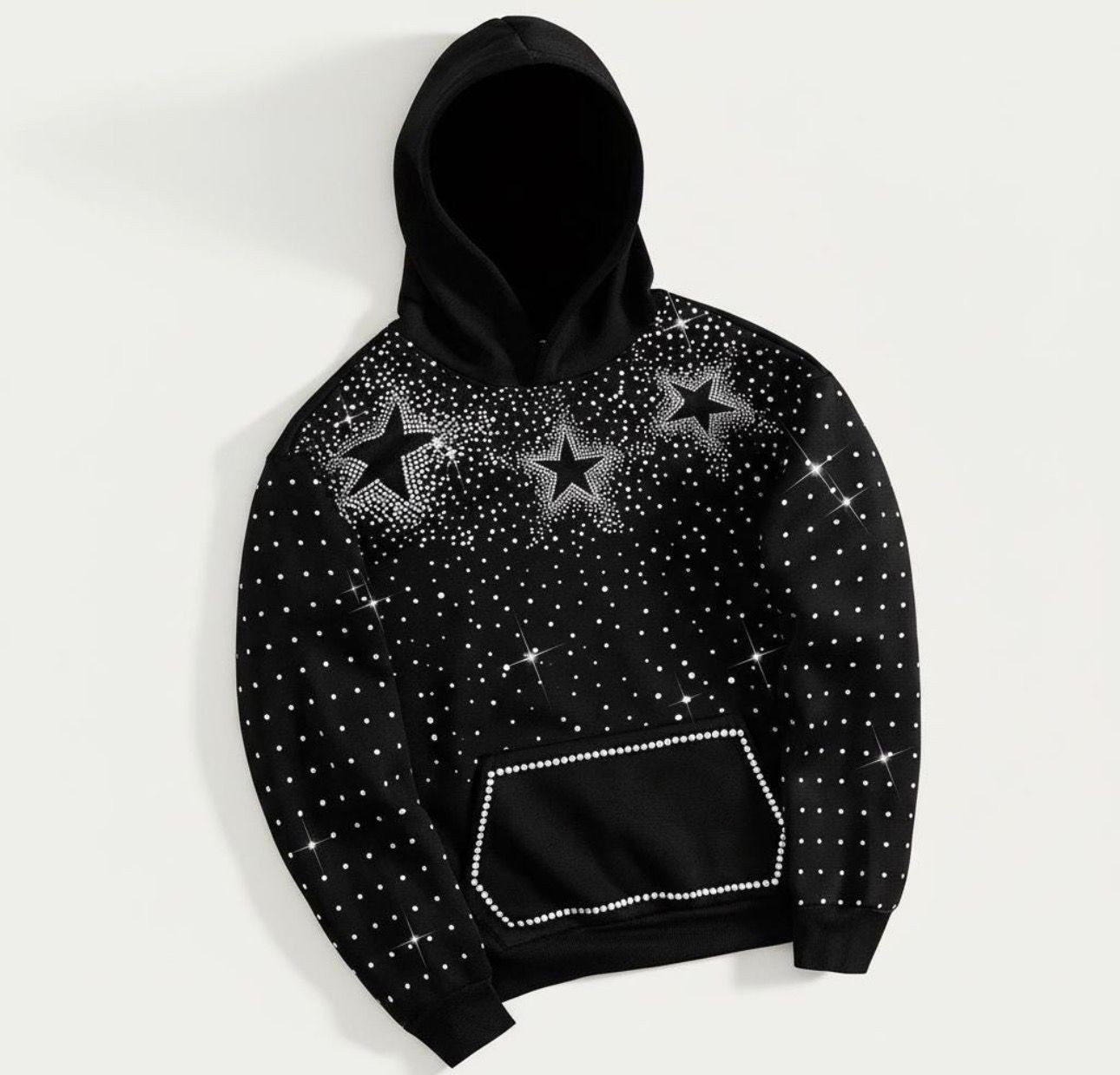 New Luxury Unisex Diamond Stars Rhinestones Fashion Black Hoodie High Quality