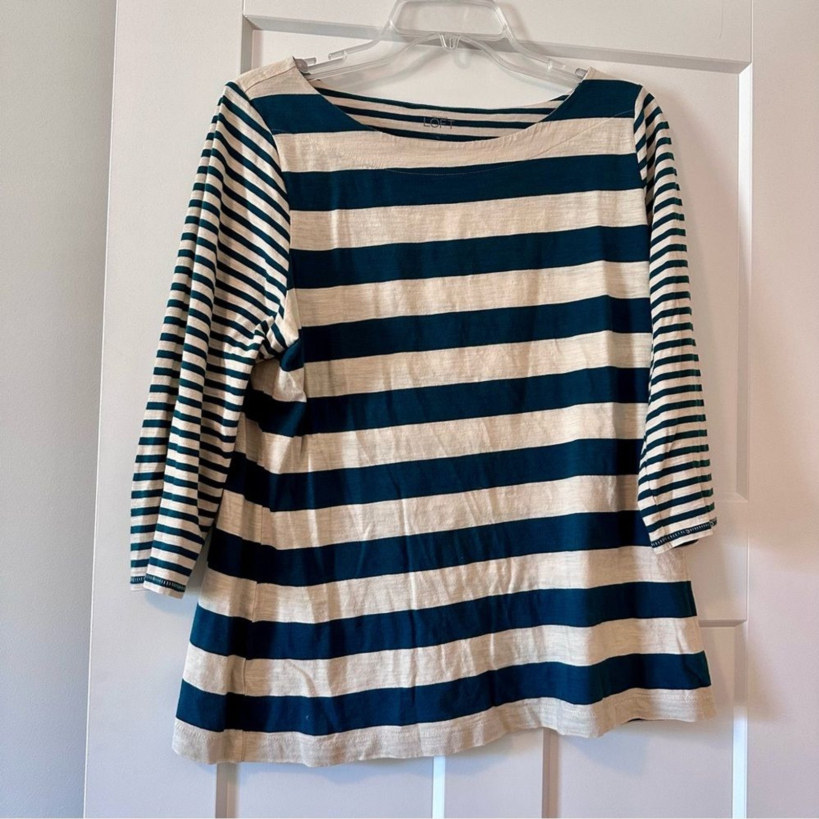 LOFT Teal and Cream Striped 3/4 length Sleeve Top