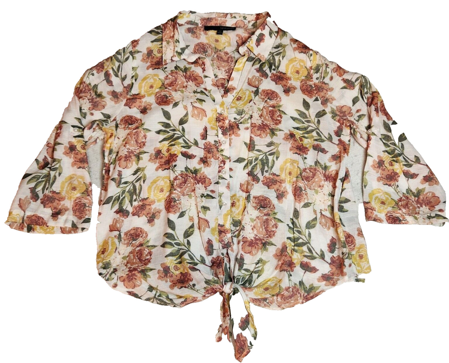 Harve Benard Womens Blouse Sz L Floral Button-Up Tie-Front 3/4 Sleeve Collared