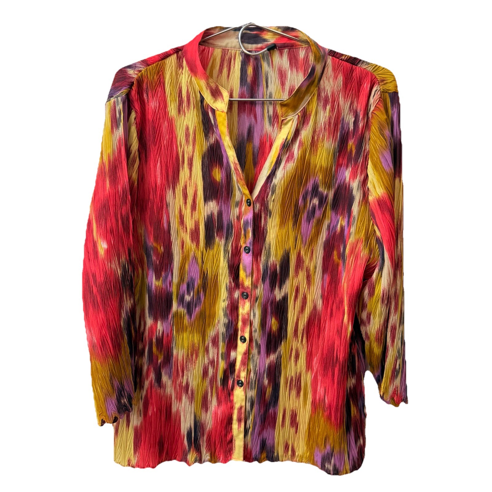 ABSTRACT MULTICOLOR BUTTON-UP VERY STRETCHY BLOUSE SHIRT, CHEST 44, LENGTH 24.5