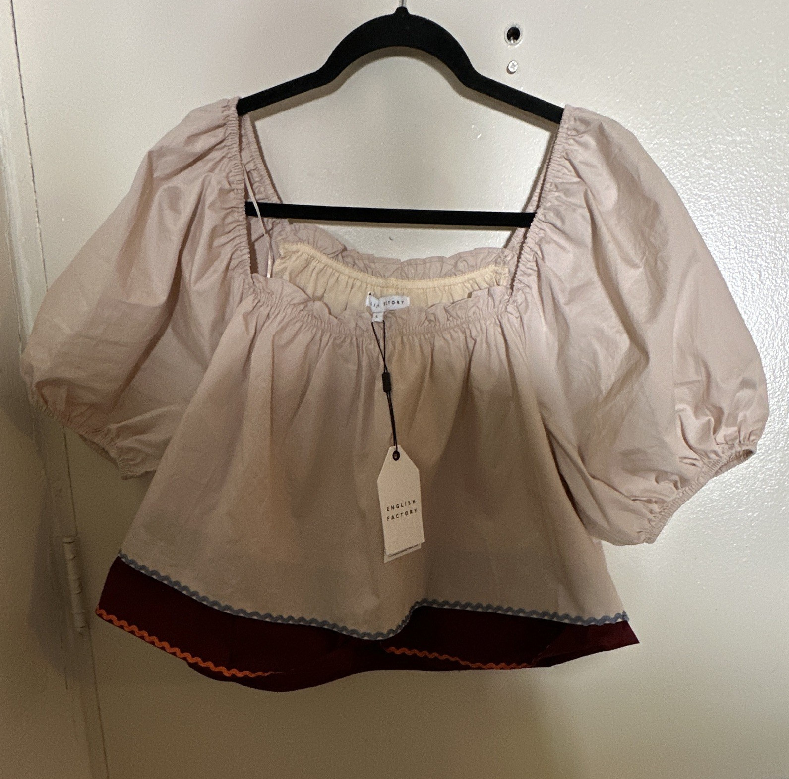 NWTEnglish Factory Beige Burgundy Puff Sleeve Square Neck Ruffle Cotton Blouse L